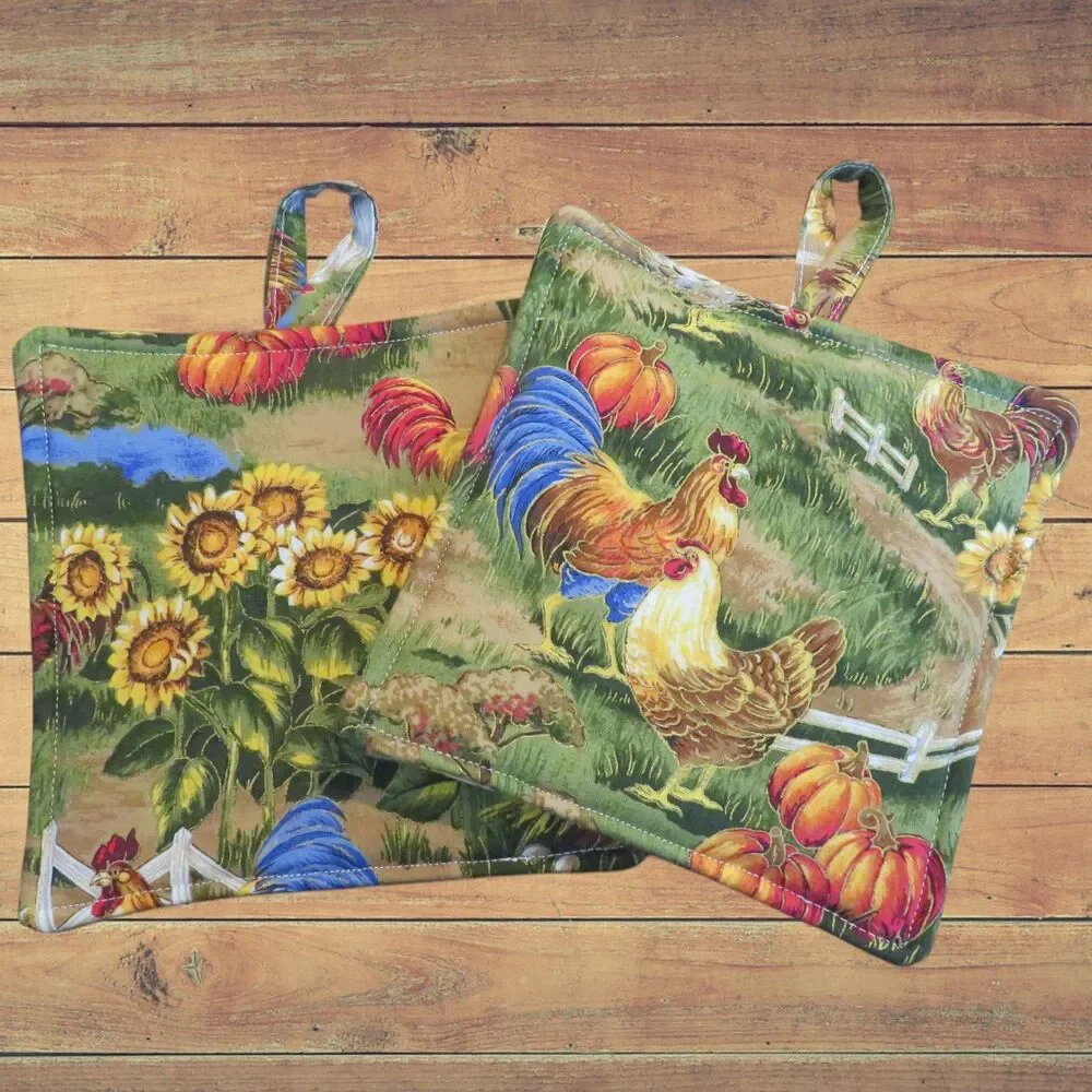 Handmade Potholder, Set of 2, Reversible Chickens and Sunflowers Hot Pads